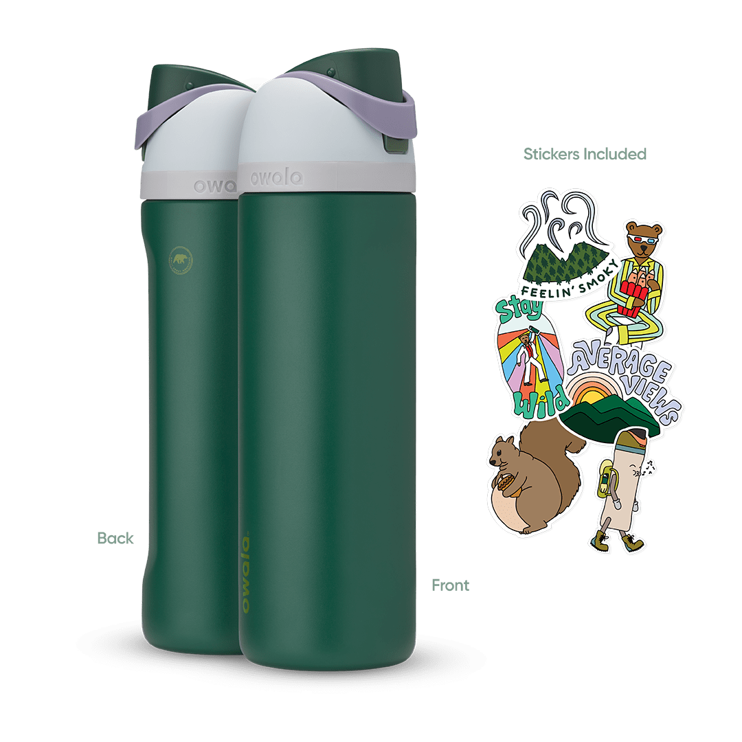 Great American Road Trip FreeSip 24oz in Great Smoky Mountains (deep forest green body with white lid accent band and lavender carry loop), back and front views shown with included stickers featuring a bear, squirrel, hiker, "Feelin' Smoky" mountains, and "Sky Average Hikers" rainbow