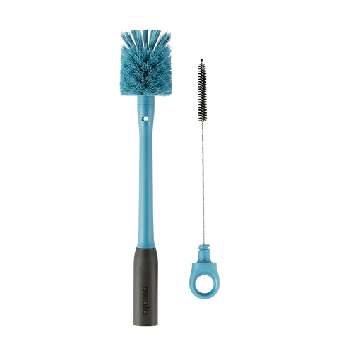 Owala 2-in-1 Bottle Brush in teal blue, large bristle brush with teal handle and dark gray grip beside small straw cleaner with teal ring handle